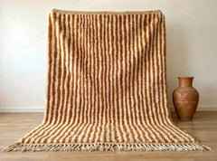 Striped Moroccan Wool Rug – Handmade Berber Carpet in Ivory and Terracotta Brown, Boho Area Decor