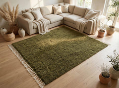 Moroccan Beni Ourain Rug – Solid Olive Green | Handmade Lux Wool Rug | Modern Minimal Berber Carpet