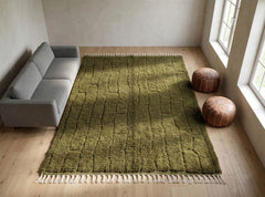 Moroccan Beni Ourain Rug – Solid Olive Green | Handmade Lux Wool Rug | Modern Minimal Berber Carpet