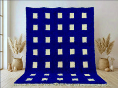 Blue Moroccan Rug – Custom Handmade Beni Ourain Checkerboard Area Carpet for Living Room Bedroom