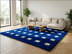 Blue Moroccan Rug – Custom Handmade Beni Ourain Checkerboard Area Carpet for Living Room Bedroom