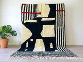 Handmade Abstract Moroccan Rug Black and White Wool Berber Carpet High Pile Modern Tribal Boho Living Room Decor