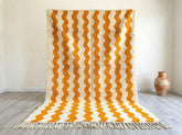 Orange Wavy Beni Ourain Rug, Handmade Moroccan Wool Striped Area Rug