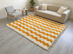 Orange Wavy Beni Ourain Rug, Handmade Moroccan Wool Striped Area Rug