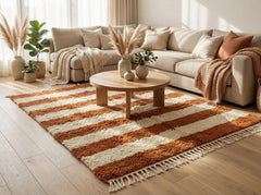 Terracotta Moroccan Rug – Striped Beni Ourain Hand-Knotted Berber Wool Area Rug, Custom Handmade
