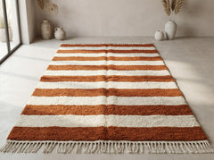 Terracotta Moroccan Rug – Striped Beni Ourain Hand-Knotted Berber Wool Area Rug, Custom Handmade