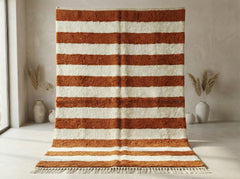 Terracotta Moroccan Rug – Striped Beni Ourain Hand-Knotted Berber Wool Area Rug, Custom Handmade