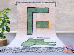Modern Moroccan Beni Ourain Rug - White & Green Geometric Design - Handmade Wool Area Rug - Custom Sizes Available