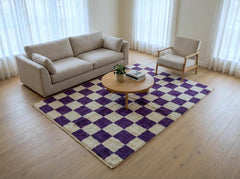 Handmade Dark Purple Checkerboard Moroccan Rug, Wool Berber Geometric Boho Area Carpet
