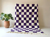 Handmade Dark Purple Checkerboard Moroccan Rug, Wool Berber Geometric Boho Area Carpet
