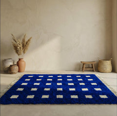 Blue Moroccan Beni Ourain Rug Handmade Wool Checkered Berber Area Rug Modern Boho Decor