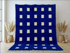 Blue Moroccan Beni Ourain Rug Handmade Wool Checkered Berber Area Rug Modern Boho Decor