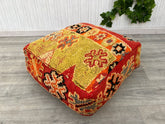 Moroccan Pouf Nightstand - Leather-Topped Ottoman, Bedside Storage, Boho Bedroom Decor, Handmade with Genuine Leather