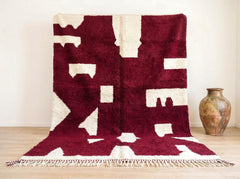 Burgundy Moroccan Beni Ourain Rug, Handmade Wool Abstract Area Rug