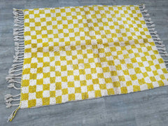 Checkered Moroccan Wool Rug - Yellow Boujaad Carpet - Handmade Berber Rug - Custom Size for Living Room