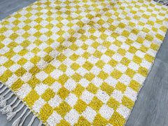 Checkered Moroccan Wool Rug - Yellow Boujaad Carpet - Handmade Berber Rug - Custom Size for Living Room
