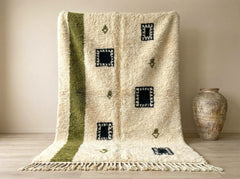 Artisanal Ivory & Olive Green Beni Ourain Rug | 100% Hand-Knotted Moroccan Wool