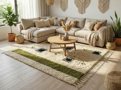 Artisanal Ivory & Olive Green Beni Ourain Rug | 100% Hand-Knotted Moroccan Wool