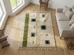 Artisanal Ivory & Olive Green Beni Ourain Rug | 100% Hand-Knotted Moroccan Wool
