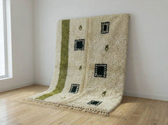 Artisanal Ivory & Olive Green Beni Ourain Rug | 100% Hand-Knotted Moroccan Wool