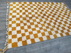 Checkered Handmade Moroccan Beni Ourain Rug - Cream & Orange Wool Carpet, Custom Size, Tribal Berber Design for Modern Living Room Decor