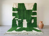Green Moroccan Rug – Handmade Ivory Wool Berber Carpet with Abstract Geometric Pattern