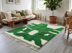 Green Moroccan Rug – Handmade Ivory Wool Berber Carpet with Abstract Geometric Pattern