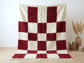 Checkered Moroccan Rug – Burgundy & Cream Wool Berber Carpet, Handmade Checkerboard Area Rug, Retro Geometric Eclectic Decor
