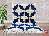 Beni Ourain Rug - White & Blue Moroccan Berber Rug - Custom Size Handmade Wool Carpet - High-Quality Decorative Area Rug