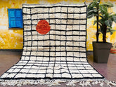 Grid Authentic Moroccan Boujaad Rug - Handmade White Black Orange Berber Carpet - Custom Beni Ourain Rug - Traditional Moroccan Design