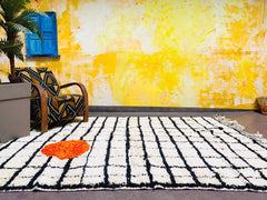 Grid Authentic Moroccan Boujaad Rug - Handmade White Black Orange Berber Carpet - Custom Beni Ourain Rug - Traditional Moroccan Design