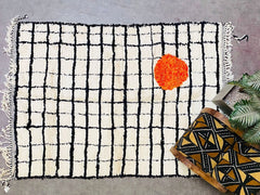 Grid Authentic Moroccan Boujaad Rug - Handmade White Black Orange Berber Carpet - Custom Beni Ourain Rug - Traditional Moroccan Design