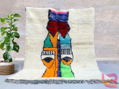 Handmade Moroccan Berber Rug - Custom Beni Ourain Wool Rug - Bohemian Living Room Decor - Green, Orange & Blue Geometric Design