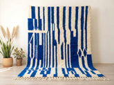 Blue Beni Ourain Rug – Handmade Moroccan Wool Carpet, Abstract Berber Design
