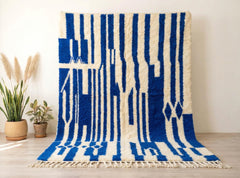 Blue Beni Ourain Rug – Handmade Moroccan Wool Carpet, Abstract Berber Design