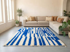 Blue Beni Ourain Rug – Handmade Moroccan Wool Carpet, Abstract Berber Design