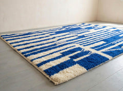 Blue Beni Ourain Rug – Handmade Moroccan Wool Carpet, Abstract Berber Design