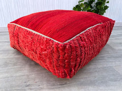 Vintage Moroccan Leather Pouf - Round Footstool with Tribal Stitching, Genuine Leather Ottoman, Unstuffed Boho Living Room Accent
