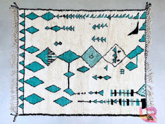 Beni Ourain Moroccan Rug - White & Blue Green Handmade Wool Carpet - Custom Berber Rug - Soft & Luxurious