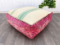 Moroccan Pouf with Built-in Planter - Leather Ottoman + Rattan Base, Boho Indoor Garden Decor, Multi-Functional Design