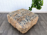 Moroccan Halloween Pouf - Orange & Black Kilim, Spiderweb Embroidery, Spooky Boho Decor
