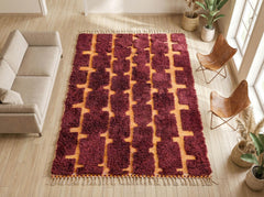 Burgundy Moroccan Wool Rug – Handmade Plush Berber Area Rug, Minimalist Boho Decor