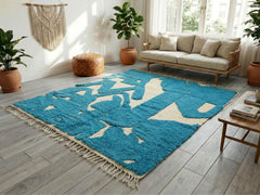 Turquoise Moroccan Rug – Beni Ourain Wool Carpet, Handmade Abstract Berber Design for Boho Living Room