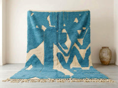 Turquoise Moroccan Rug – Beni Ourain Wool Carpet, Handmade Abstract Berber Design for Boho Living Room