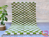 Checkered Green Authentic Beni Ourain Rug - Handmade Moroccan Wool Carpet - Cream & Green Tribal Design - Perfect for Modern Homes