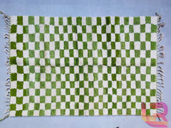 Checkered Green Authentic Beni Ourain Rug - Handmade Moroccan Wool Carpet - Cream & Green Tribal Design - Perfect for Modern Homes