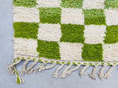 Checkered Green Authentic Beni Ourain Rug - Handmade Moroccan Wool Carpet - Cream & Green Tribal Design - Perfect for Modern Homes