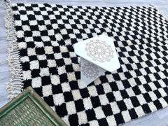 Checkered Moroccan Berber Rug - Handmade Wool Carpet - Custom Beni Ourain Style - Neutral Cream Rug for Bedroom or Living Room