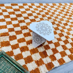 Checkered Luxurious Beni Ourain Rug - Handmade Moroccan Wool Carpet - Custom Cream & Orange Tribal Design - Modern Area Rug