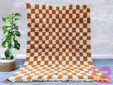 Checkered Luxurious Beni Ourain Rug - Handmade Moroccan Wool Carpet - Custom Cream & Orange Tribal Design - Modern Area Rug